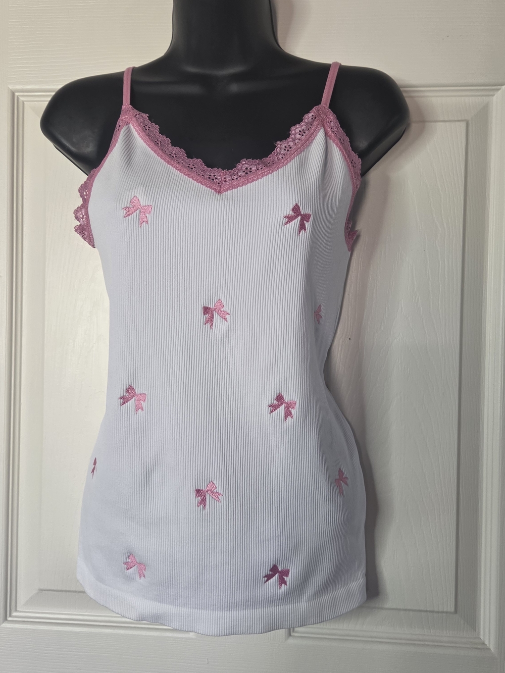 Coquette Aesthetic Cami Y2K Pink‎ Lace And Bow Print Romantic Tank Top XL